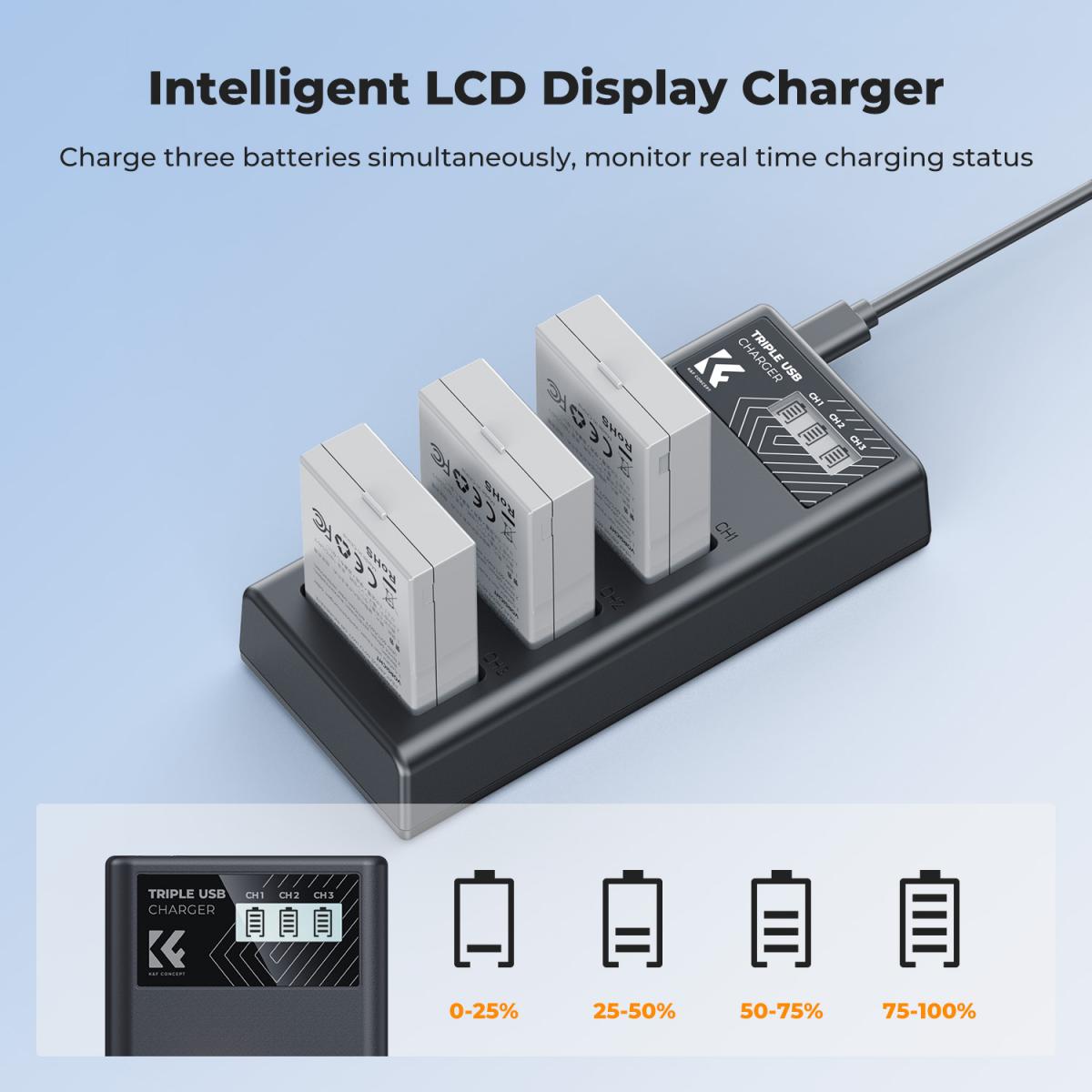 K&amp;F Concept 3 Pack LP-E8 Batteries &amp; LCD Charger for Canon EOS DSLR