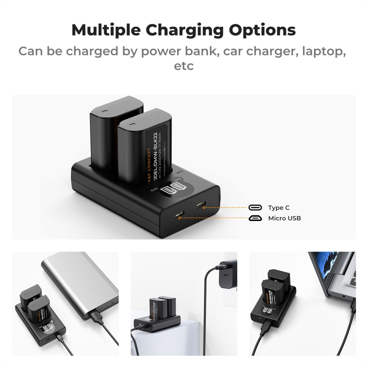 K&amp;F Concept 2 Pack DMW-BLK22 Batteries &amp; LCD Charger for Panasonic Lumix