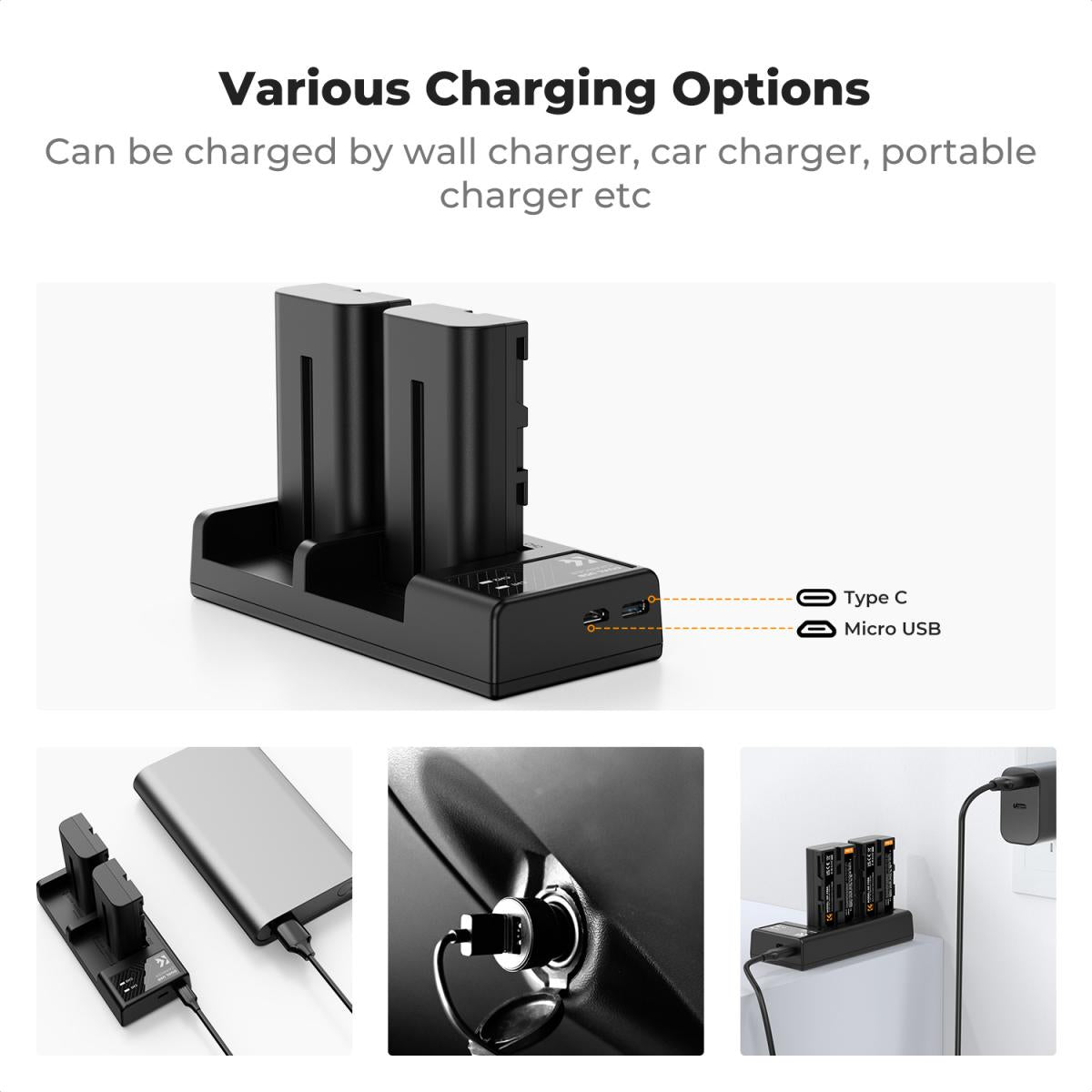 K&amp;F Concept 2 Pack NP-F550 Batteries &amp; Dual USB Charger Compatible with Sony - KF28-0046