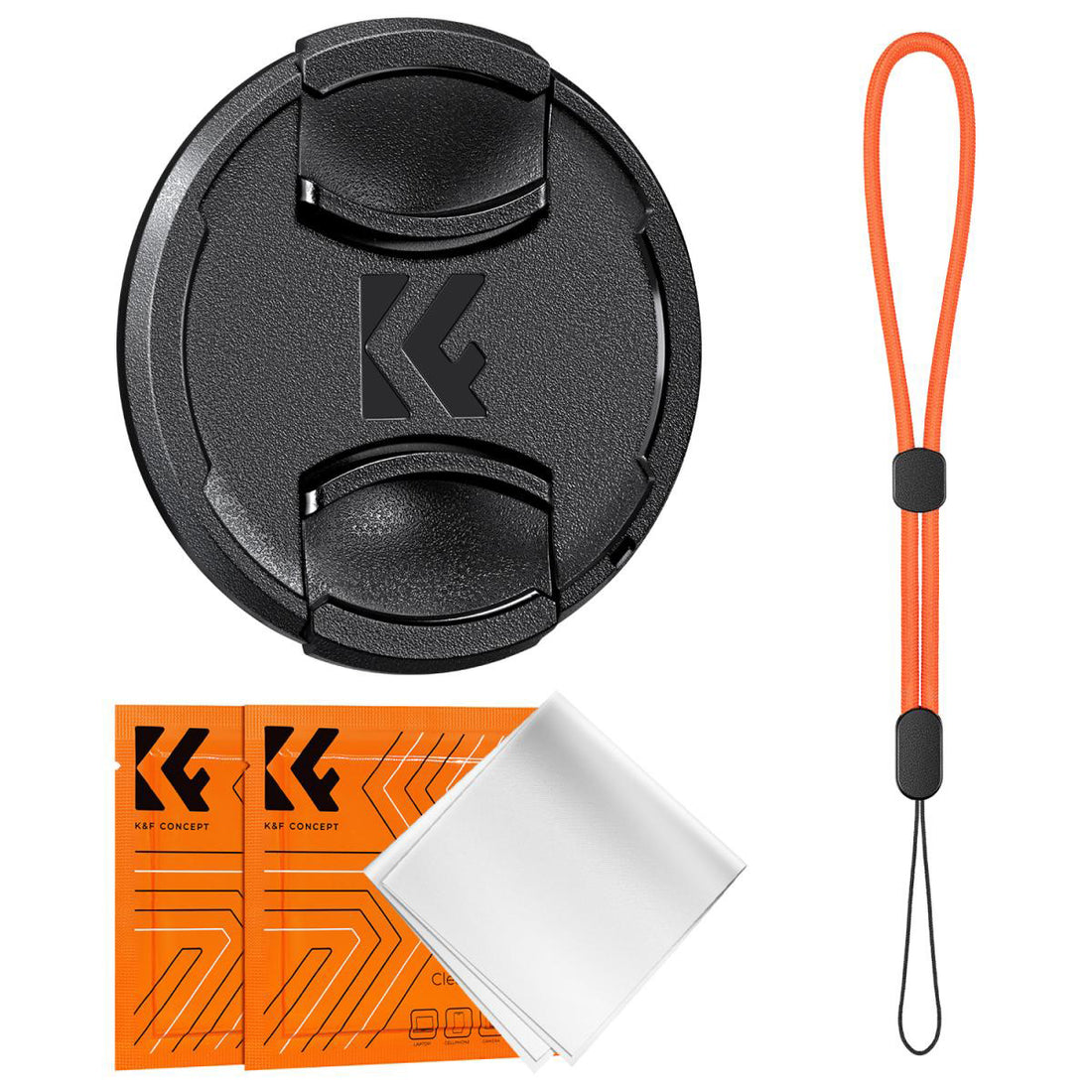 K&amp;F Concept 55mm Center Pinch Lens Cap Kit with 2x Lens Cloths &amp; Attachment Strap