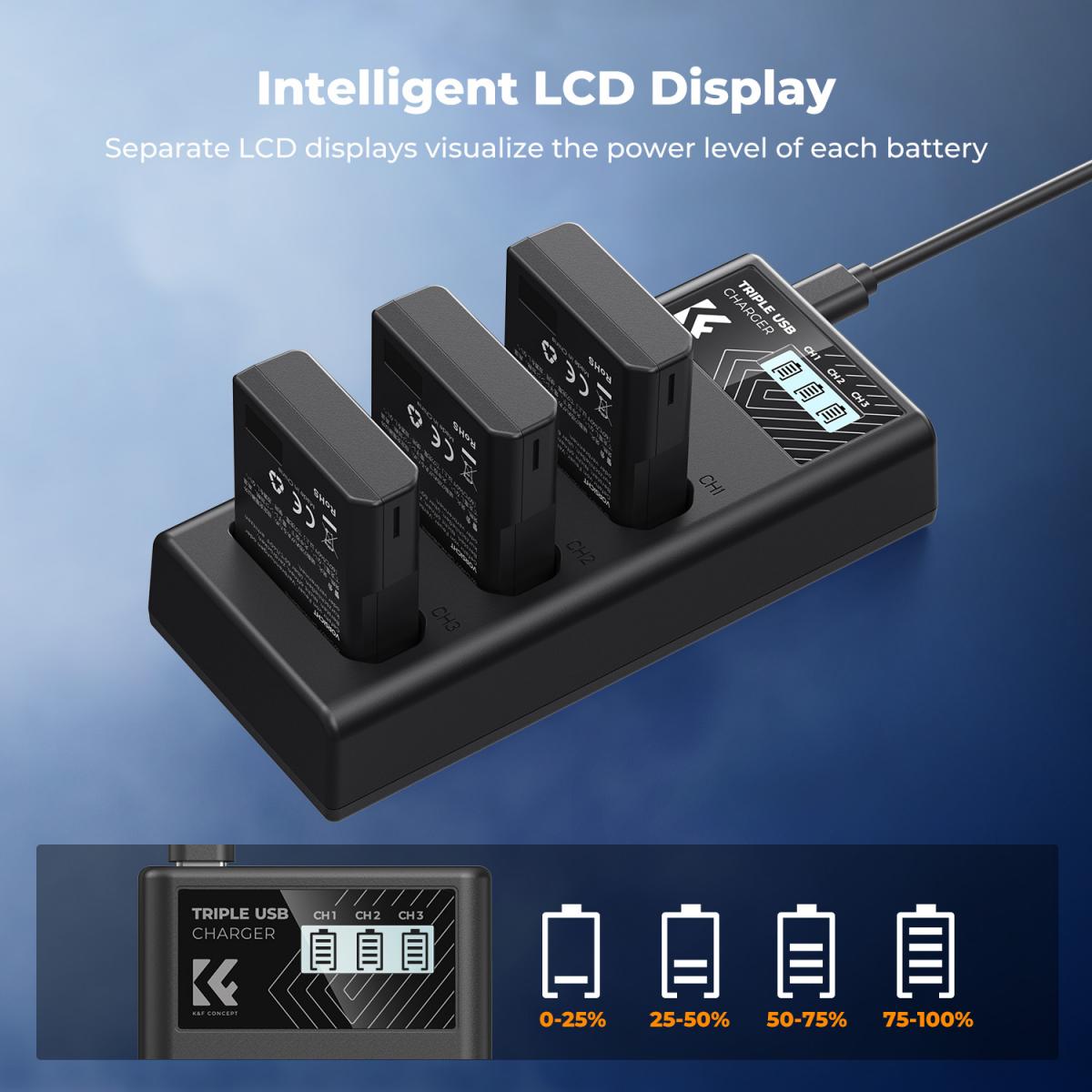K&amp;F Concept 3 Pack EN-EL14 Batteries &amp; LCD Charger compatible with Nikon
