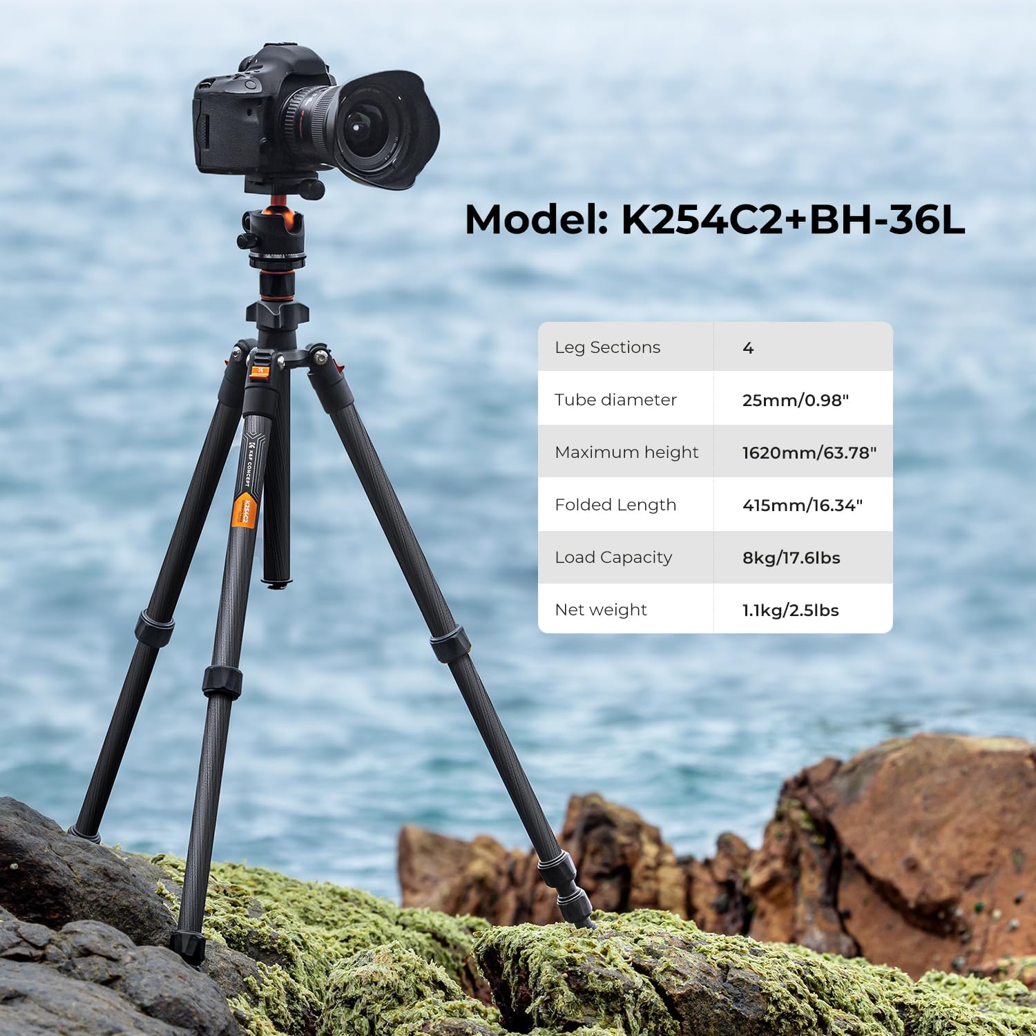 K&amp;F Concept K-Series K254C2 Carbon Fiber Travel Tripod Max Height of 1.6m