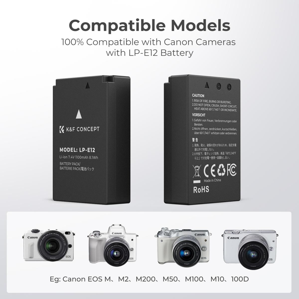 K&amp;F Concept Dual LP-E12 1100mAh Batteries + Charger For Canon