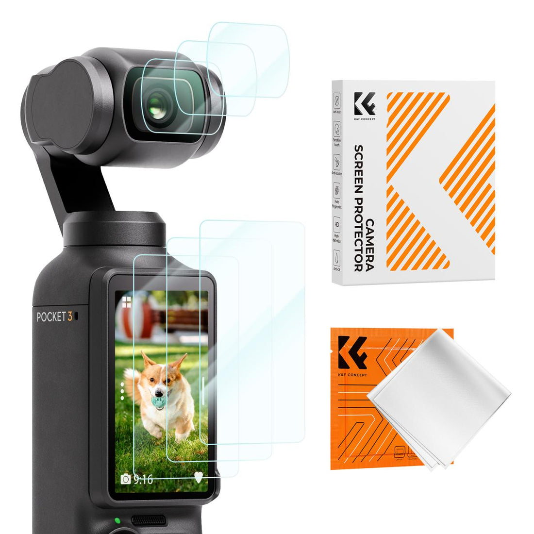 K&amp;F Concept 7-in-1 Kit for DJI Pocket3: 3x Screen and Lens Protectors + Cloth