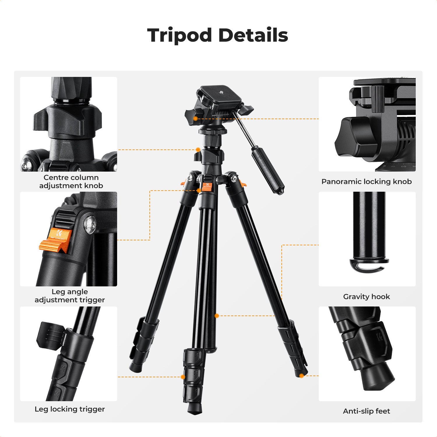 K&amp;F Concept 1.96m Aluminium Camera &amp; Video Travel Tripod With 3-Way Head KF09-115V1