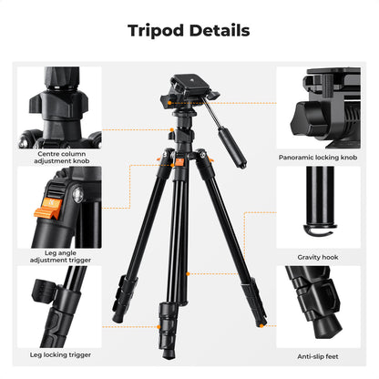 K&amp;F Concept 1.96m Aluminium Camera &amp; Video Travel Tripod With 3-Way Head KF09-115V1