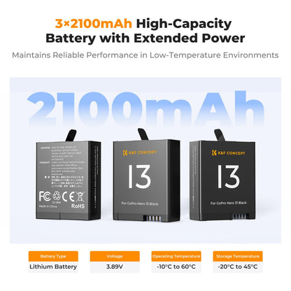K&amp;F Concept 3 Pack Enduro Batteries &amp; Fast Charger for GoPro Hero 13 Black