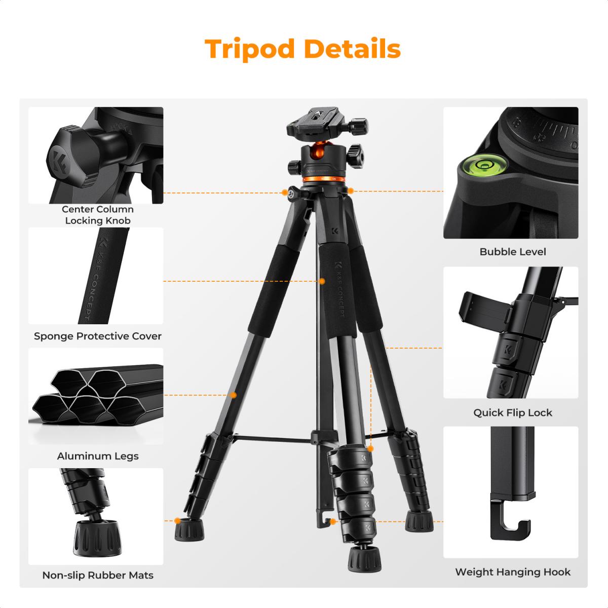 K&amp;F Concept Smart Lightweight Camera &amp; Phone Tripod | Ultimate Stability 8kg Load Capacity – S255A3+B-Head, Black