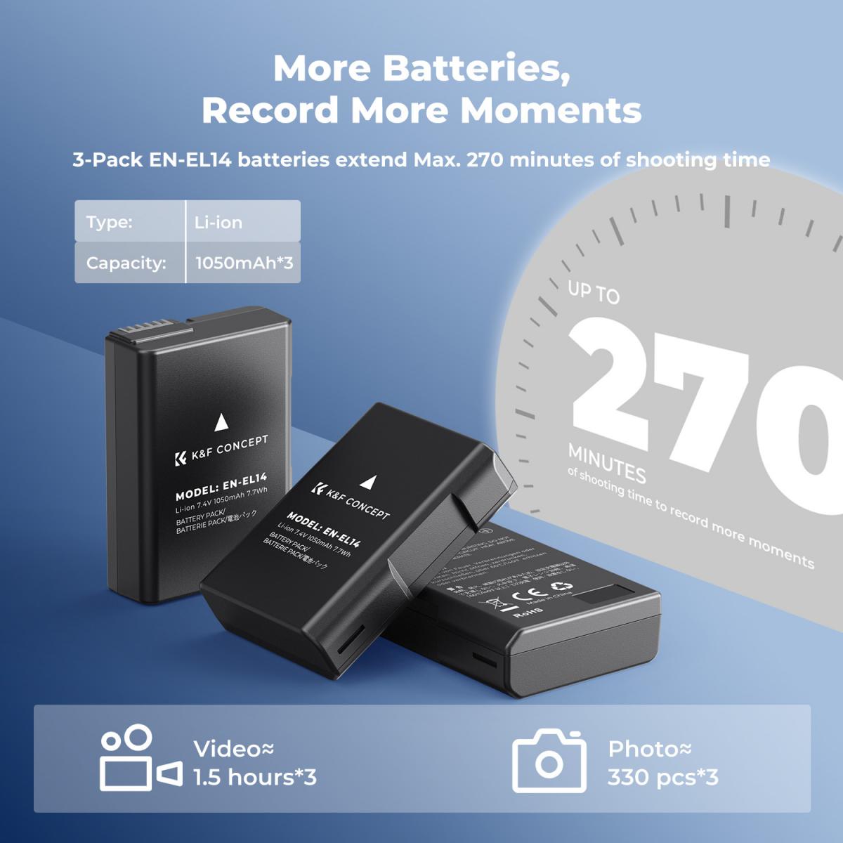 K&amp;F Concept 3 Pack EN-EL14 Batteries &amp; LCD Charger compatible with Nikon