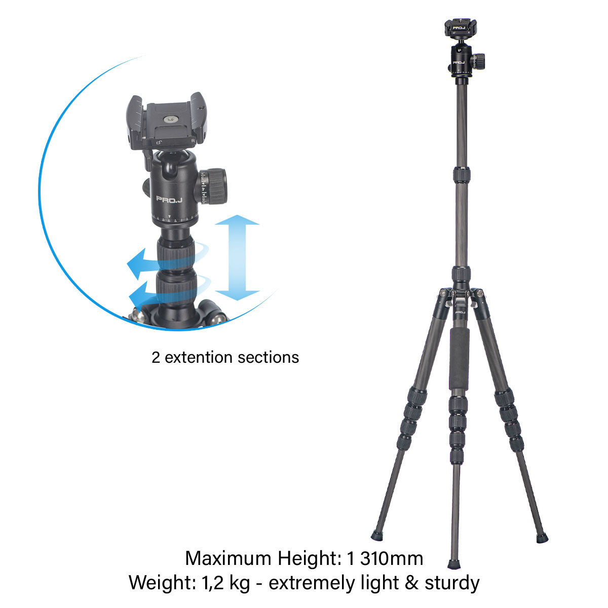 Jenova PRO.J Professional Carbon Travel Tripod Capacity-8kg Black-45834BK