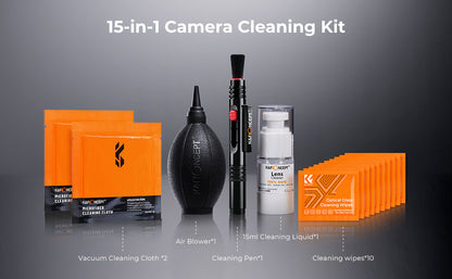 K&amp;F Concept 15 in 1 Camera and Lens Cleaning Kit: Air Blower, Cleaning Pen, Cleaning Wipes, 15ml Liquid, Cleaning Clothes