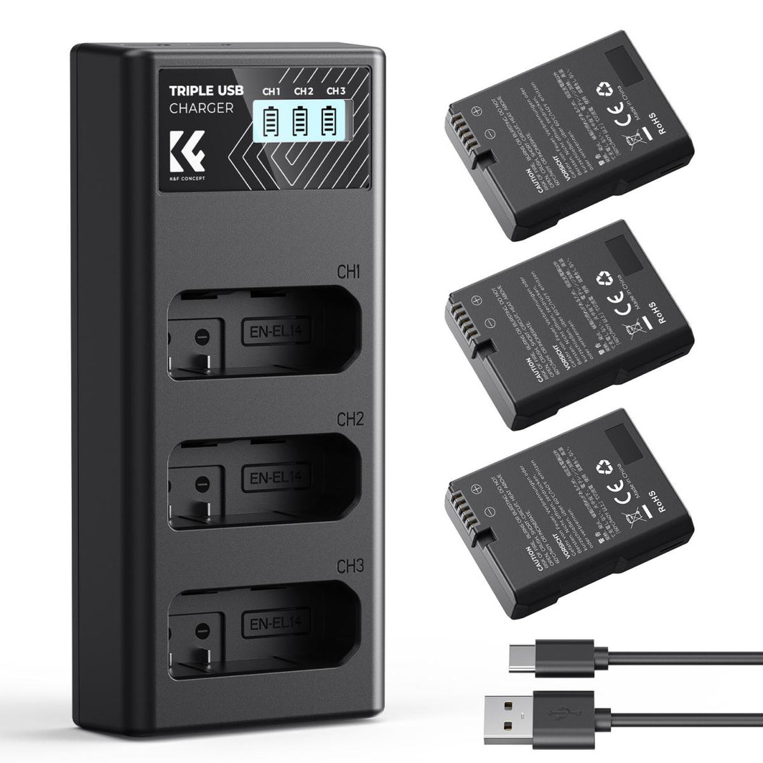 K&amp;F Concept 3 Pack EN-EL14 Batteries &amp; LCD Charger compatible with Nikon