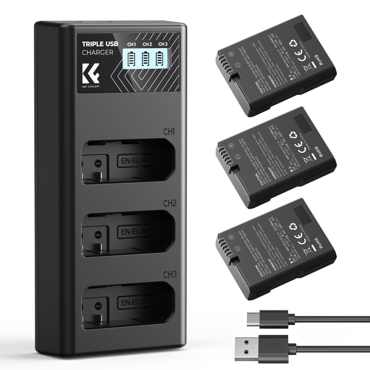 K&amp;F Concept 3 Pack EN-EL14 Batteries &amp; LCD Charger compatible with Nikon