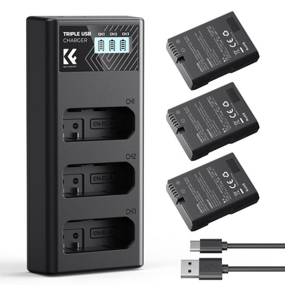 K&amp;F Concept 3 Pack EN-EL14 Batteries &amp; LCD Charger compatible with Nikon