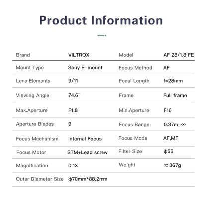 Viltrox 28mm f1.8 FE Auto Focus Prime Lens Sony E-Mount Full Frame Camera