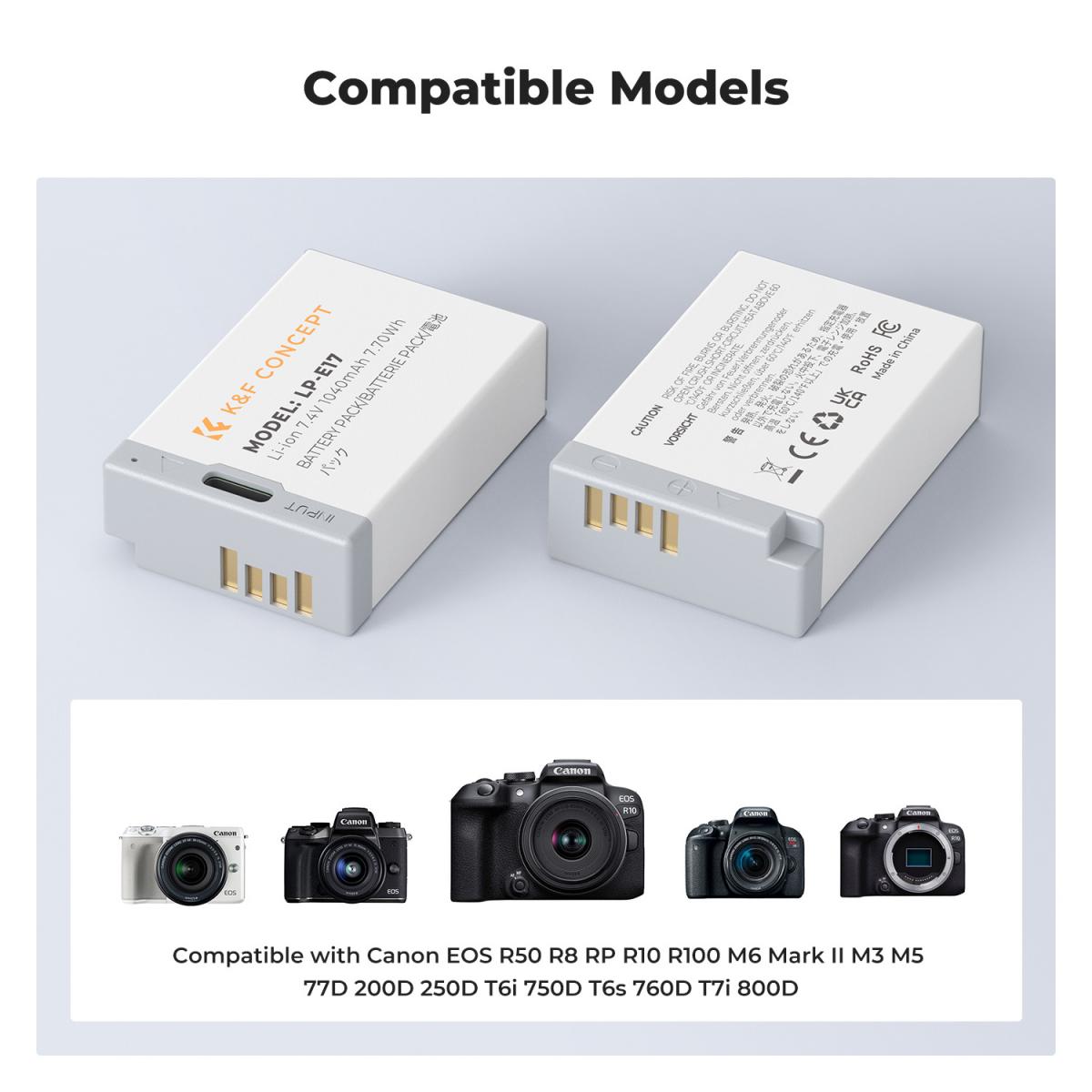 K&amp;F Concept 2-Pack 1040mAh LP-E17 USB-C Fast Charging Replacement Batteries for Canon Cameras