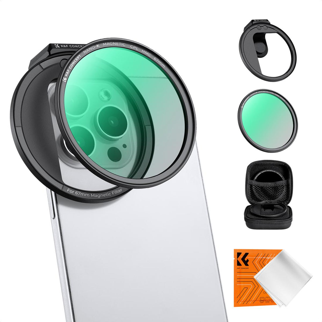 K&amp;F Clip-On Magnetic CPL Filter Kit for iPhone, Samsung Galaxy S22/S23 Ultra &amp; 67mm Camera Lenses