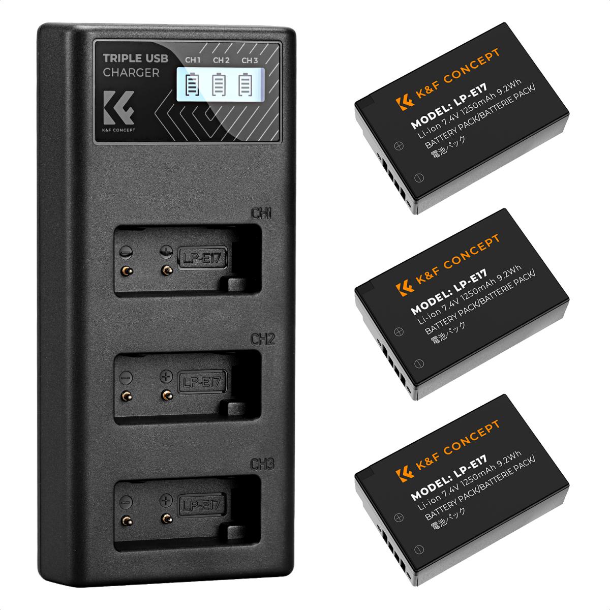 K&amp;F Concept 3 Pack LP-E17 Batteries &amp; LCD Charger for Canon