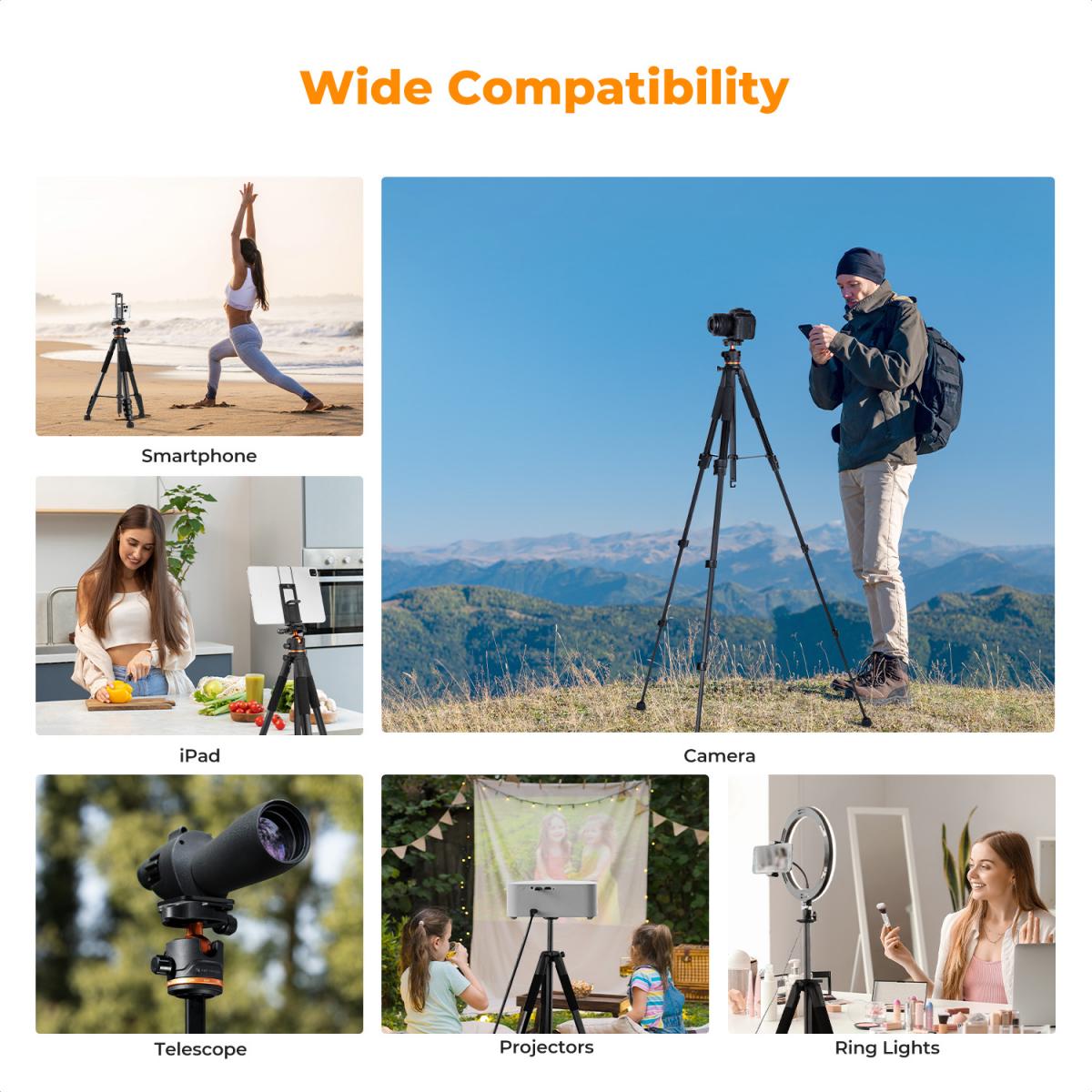 K&amp;F Concept Smart Lightweight Camera &amp; Phone Tripod | Ultimate Stability 8kg Load Capacity – S255A3+B-Head, Black