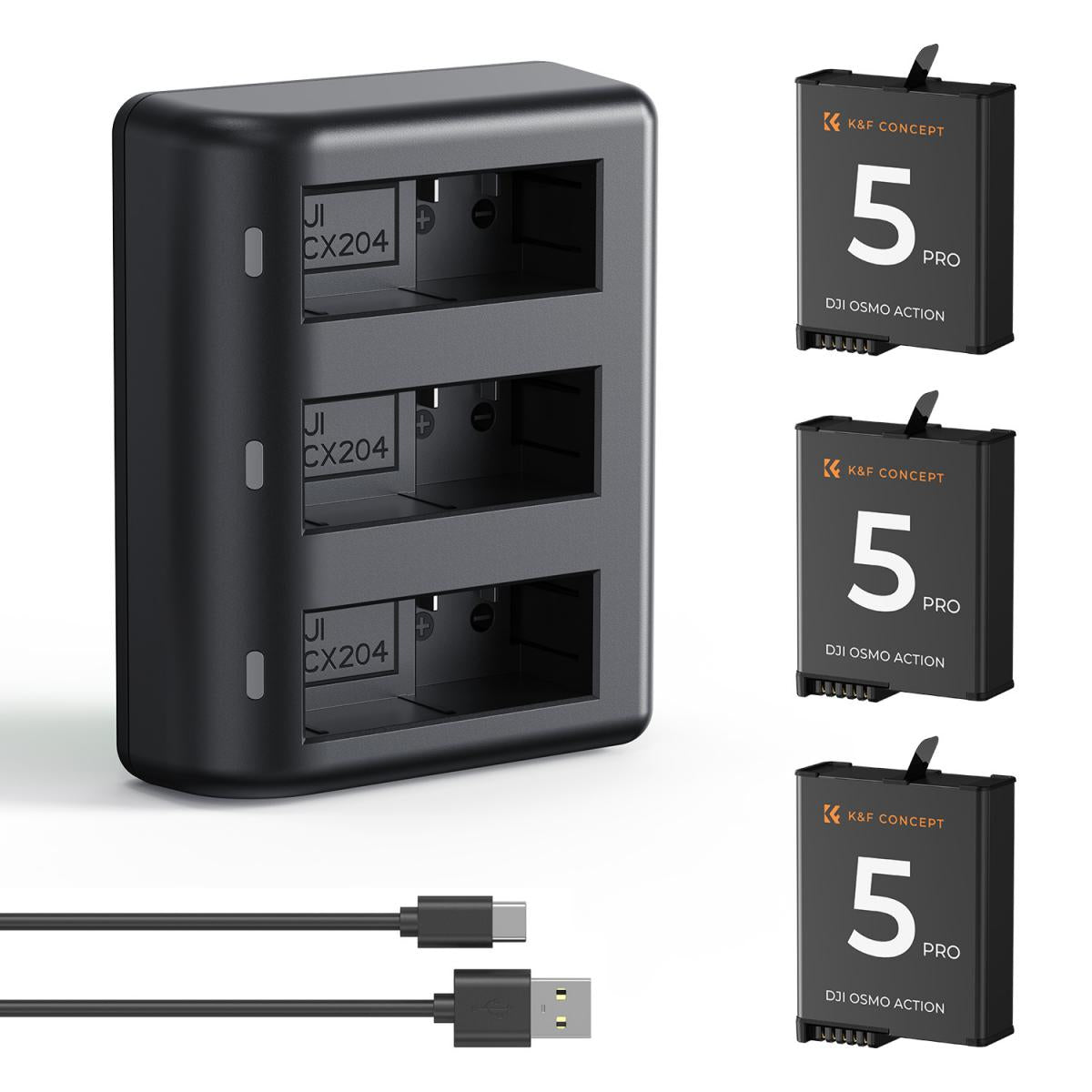 K&amp;F Concept 3 Pack Batteries &amp; Charger for DJI Osmo Action 5/4/3