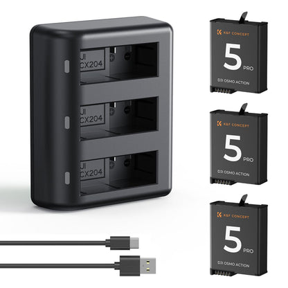 K&amp;F Concept 3 Pack Batteries &amp; Charger for DJI Osmo Action 5/4/3